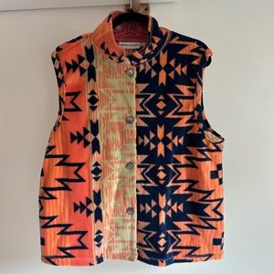 Rebecca Malone navy blue/orange/cream Aztec print‎ XL soft fleece vest